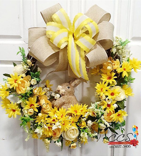 Guirlanda de Páscoa Amarela com flores e Coelho