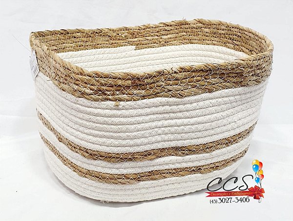 Cesta de Palha com Corda Branca e Natural 34X27cm 69124001 D&A