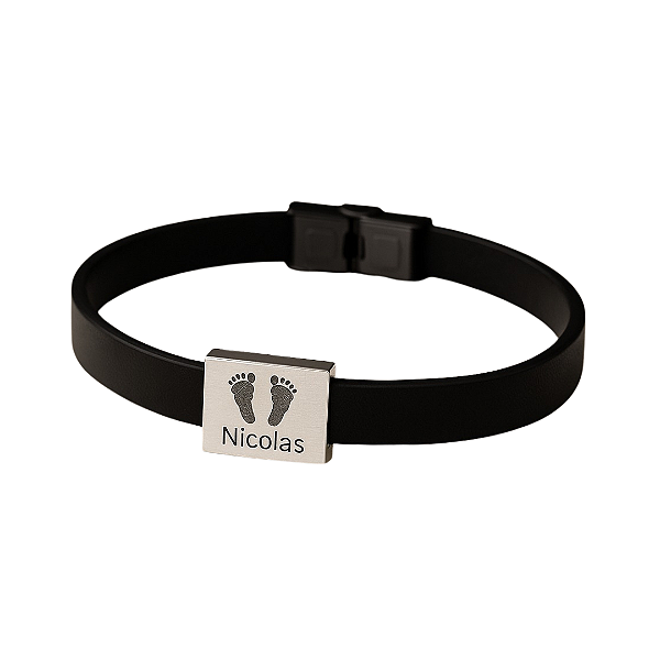 Pulseira masculina em couro, com teste do pézinho e data