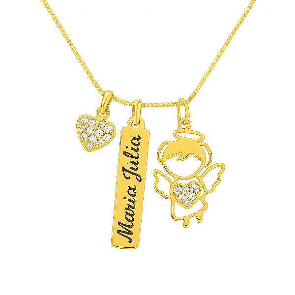 Colar coração meu anjo com placa personalizada