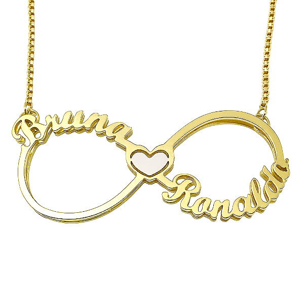 Colar infinito duplo personalizado com nome e coração em ouro branco
