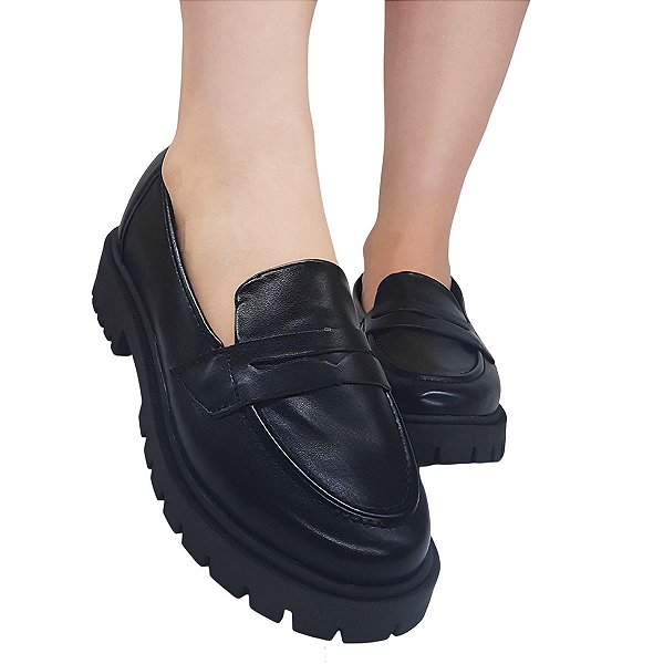 Sapato Feminino Mocassim Tratorado CapToe Leve Conforto Preto