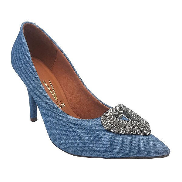 Scarpin Vizzano Básico Salto Alto Bico Fino Coração Strass Jeans