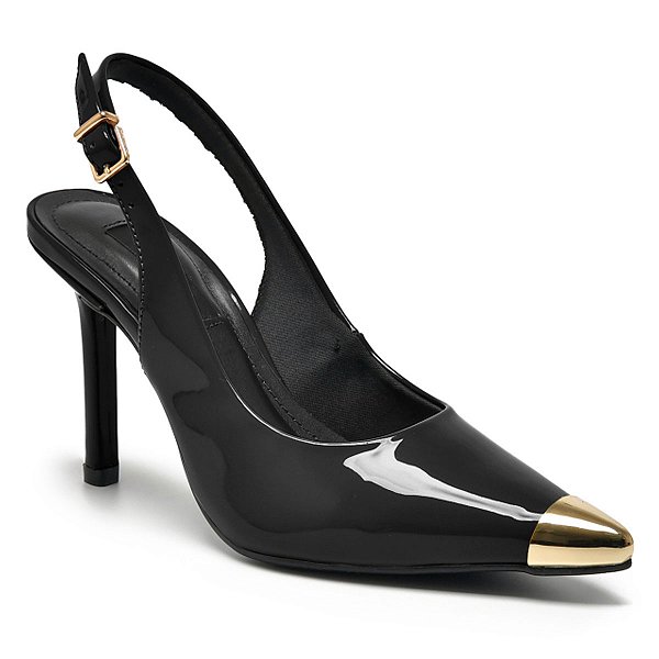Scarpin Feminino Via Marte Slingback Ponta Ouro Verniz Preto