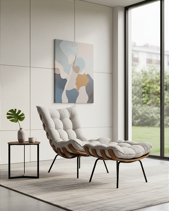 Poltrona Costela + Puff - Tecido Linho Rústico Cru Bege