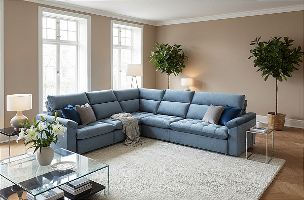 Sofá Austrália (Canto Integrado) - Veludo King Azul Marinho