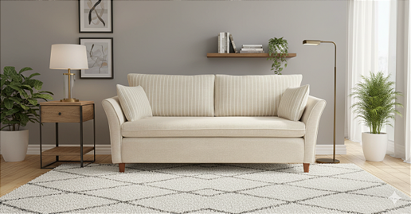 Sofá Bélgica - Linho Rústico Cru com Encosto Jacquard Listrado