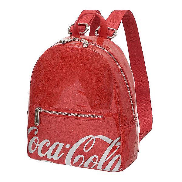 Bolsa Mochila Feminina Costas Vinil Original Coca-cola Bags Brilho Shine Vermelha 6 Litros