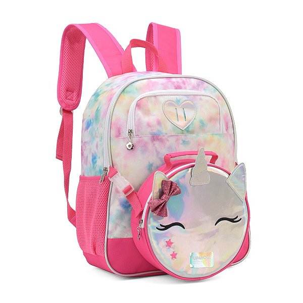 Mochila Escolar Infantil Costas com Lancheira Coração Up4you Pink