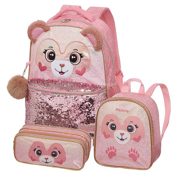 Kit Mochila Escolar Lancheira Estojo Infantil Packme Urso Teddy Bear