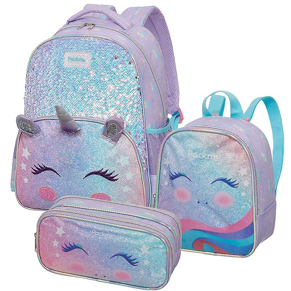 Kit Mochila Escolar Lancheira Estojo Infantil Packme Unicórnio 3d