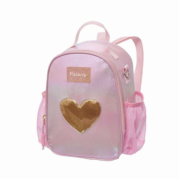Lancheira Térmica Escolar Reversível Patch Coração Glitter Dourado