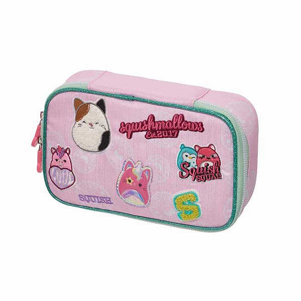 Estojo Escolar Infantil Box com Divisória Squishmallows Patches Rosa