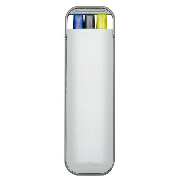 Kit 3 em 1 branco em plástico resistente. Possui: caneta  carga azul. Código 3001 Three