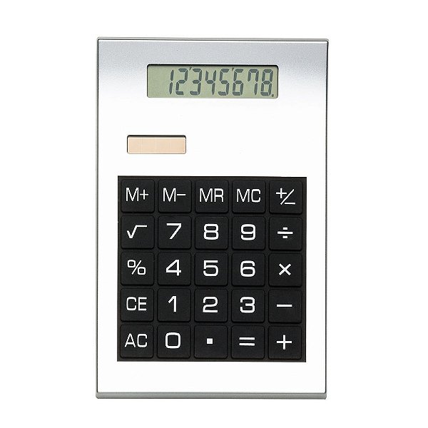 Calculadora plástica prata de 8 dígitos com detalhes preto. Código SK 2732