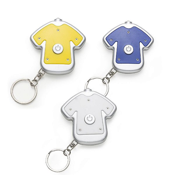 Chaveiro lanterna plástico formato camiseta colorida com contorno prata. Código: SK 12207