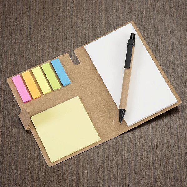 Bloco de anotações ecológico material em kraft e com post-it e caneta. Código: SK 11911