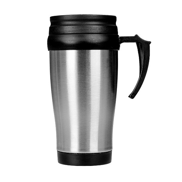 Caneca inox de 400ml revestida internamente com PVC, pegadorem plástico. Código: SK 3889