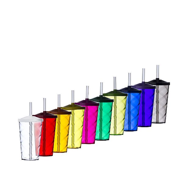 Copo de acrílico 550ml com canudo e detalhe espiral, copo inteiro. Código SK 13380