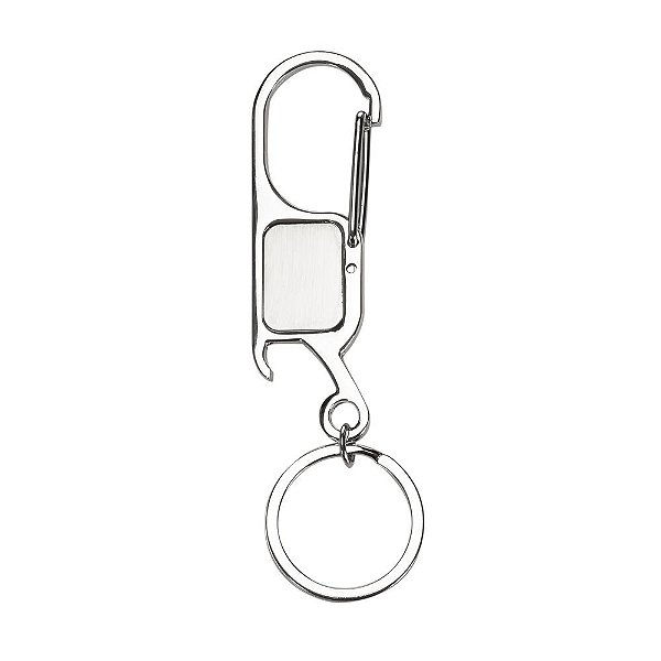 Chaveiro de metal com mosquetão(sem trava). Possui chapa central lisa. Código: SK 12571