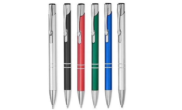 Caneta esferográfica retrátil de metal e escrita azul. Código SKCM27