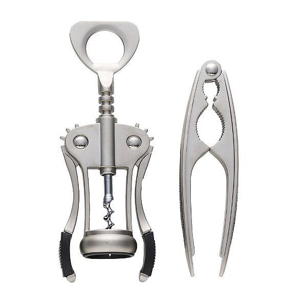 Kit com Abridor de vinho em metal e quebra nozes. Cód. SK 12265