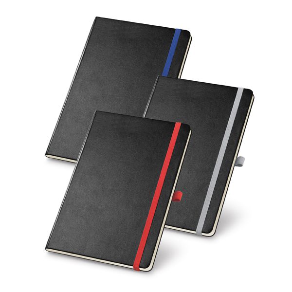 Caderno capa dura.  Com porta esferográfica.