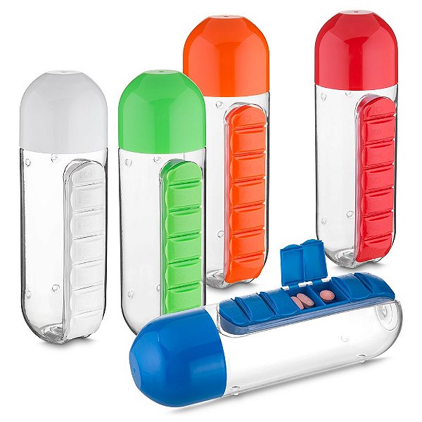 Garrafa plástica 600 ml com porta pílulas destacável, código: SKGA100