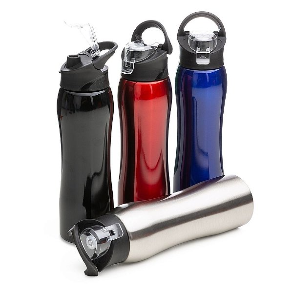 Squeeze inox 750ml com alça flexível, possui e tampa de proteção plástica para o bocal.SK14292