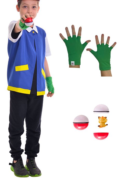 Fantasia Ash POKÉMON | COLETE + LUVAS | brinde POKEBOLA | TACTEL