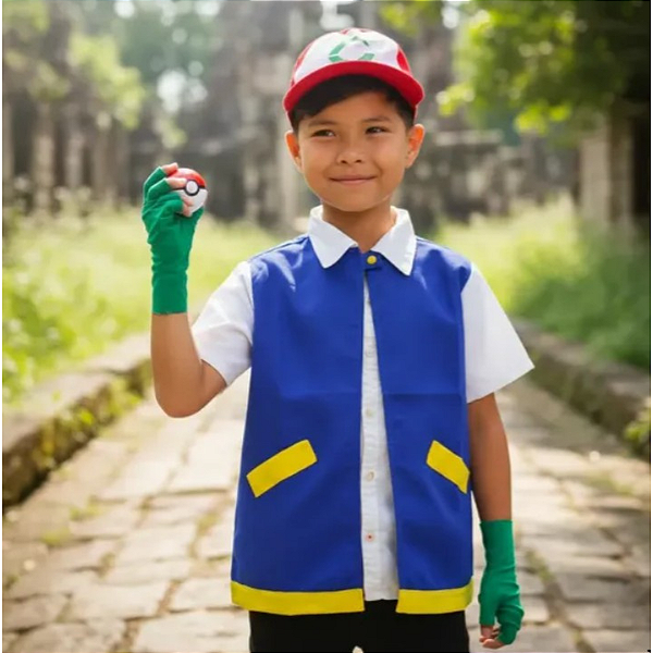 Fantasia Ash Infantil Pokémon Colete Boné Luvas