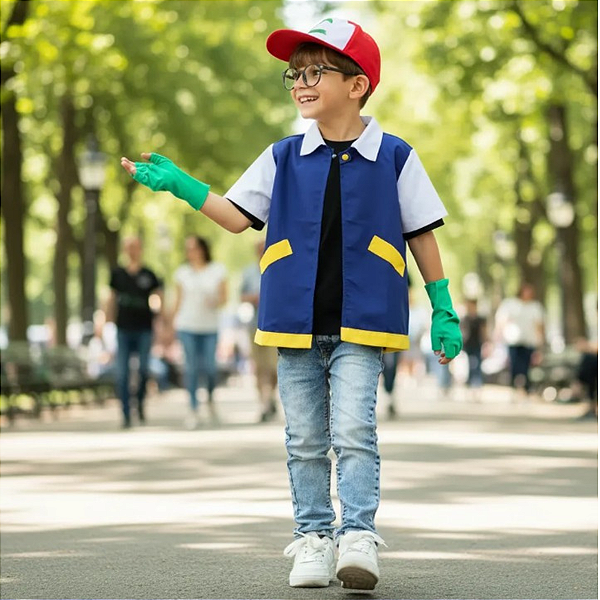 Fantasia Ash Pokémon Infantil com Boné e Luvas + Pokébola