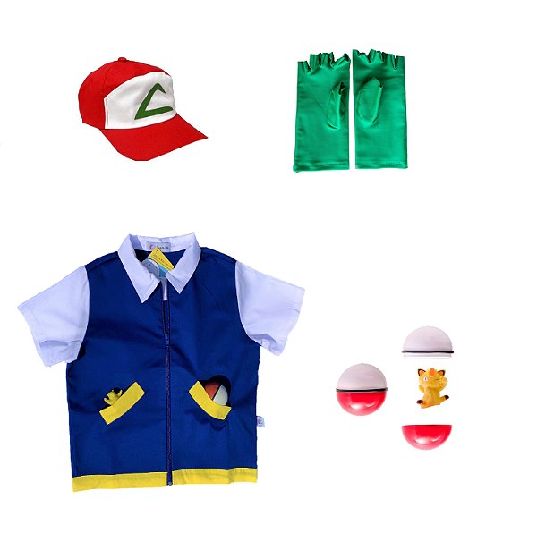 Fantasia Ash POKÉMON | COLETE + BONÉ + LUVAS | brinde POKEBOLA | ALGODÃO