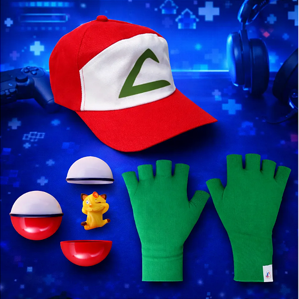 Kit Ash Pokémon Infantil Boné Luvas Pokébola Fantasia