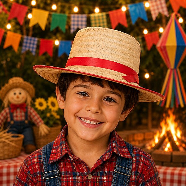 Chapéu Palha Infantil com Detalhe VERMELHO - FESTA JUNINA