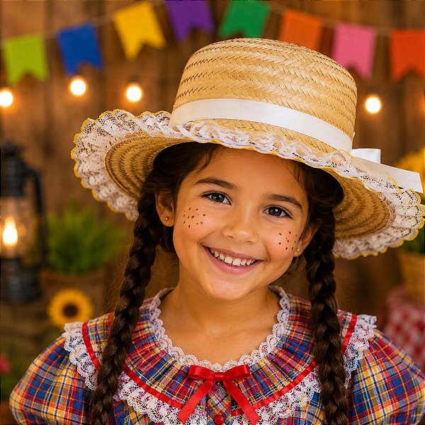 Chapéu Palha Infantil c/ Renda BRANCA - FESTA JUNINA