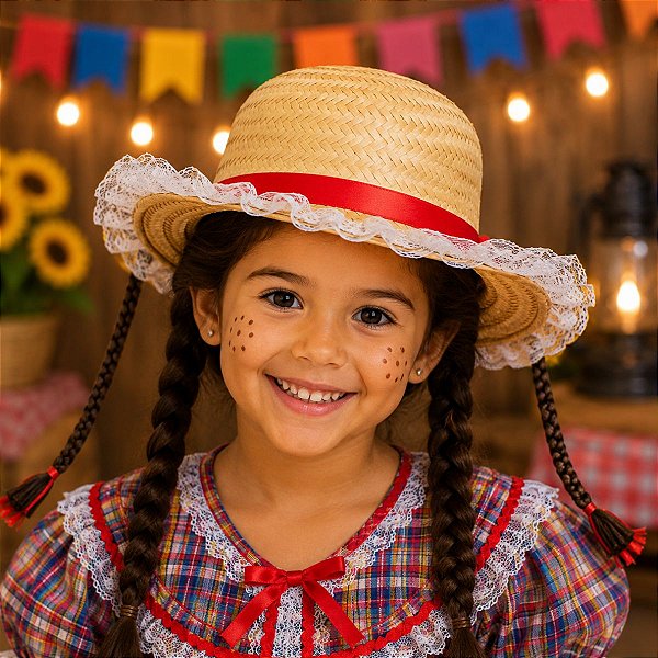 Chapéu Palha Infantil c/ Renda BRANCA e Trancinha - FESTA JUNINA