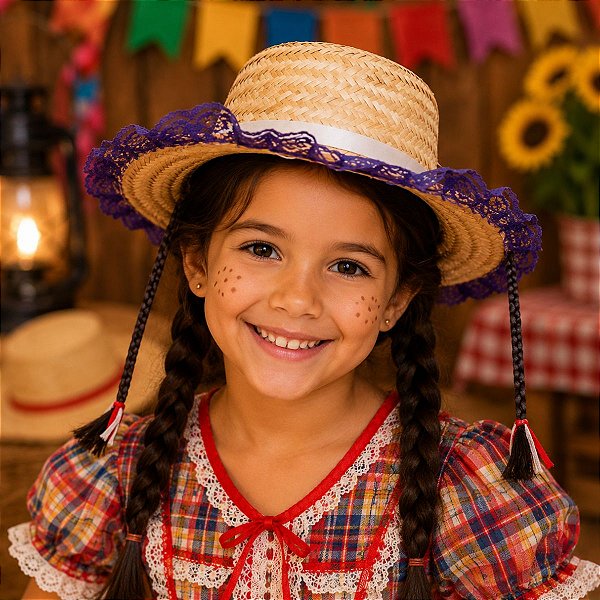 Chapéu Palha Infantil c/ Renda ROXA e Trancinha - FESTA JUNINA