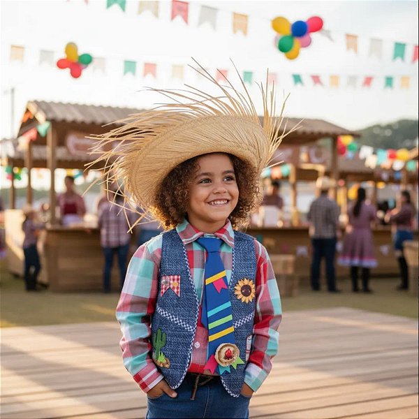 Colete Caipira Festa Junina JEANS com VIÉS AZUL MARINHO