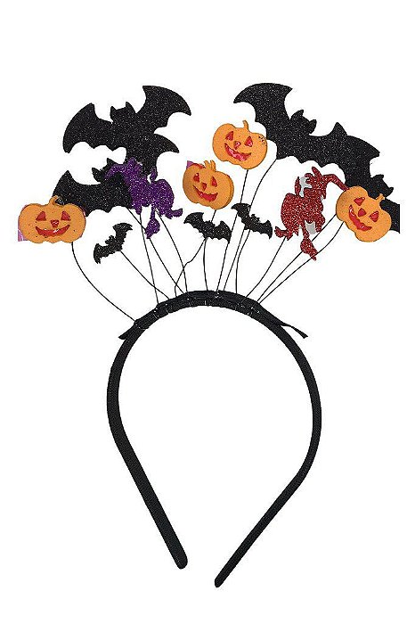 Tiara de Halloween 3D: Morcegos, Abóbora e Bruxa