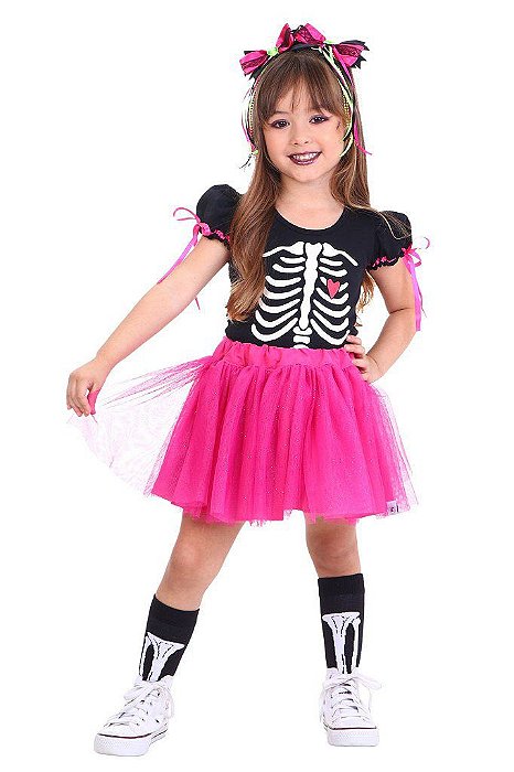 Fantasia Esqueleto Menina PINK - body e saia tutu