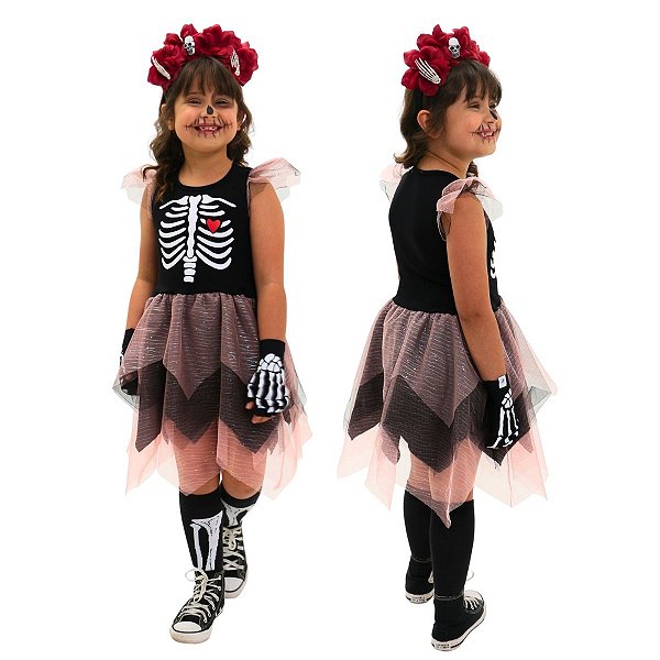 Fantasia Infantil Vestido de Esqueleto ROSA | brinde TIARA