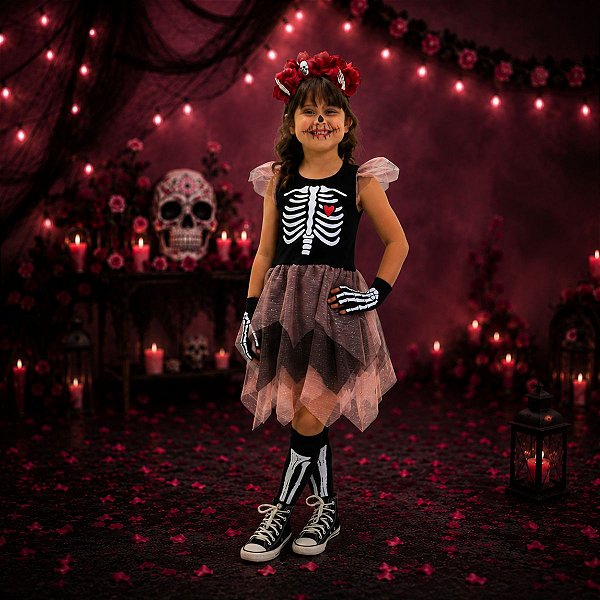 Fantasia Infantil Vestido de Esqueleto ROSA | brinde TIARA