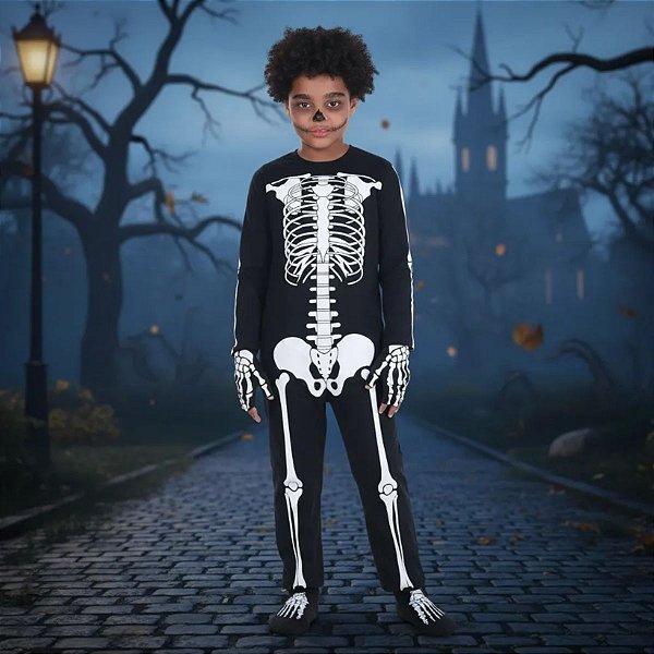 Fantasia Macacão Esqueleto Longo