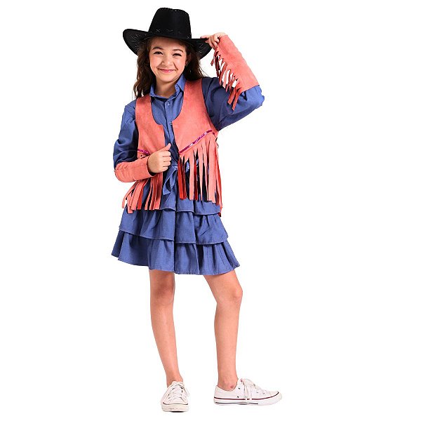 Colete Cowgirl ROSA Franjas + Adereço braço c/ franjas