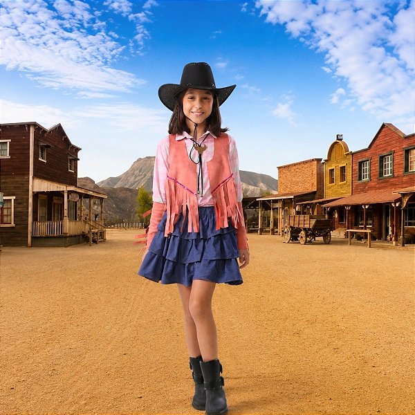 Colete Cowgirl ROSA Franjas + Adereço braço c/ franjas