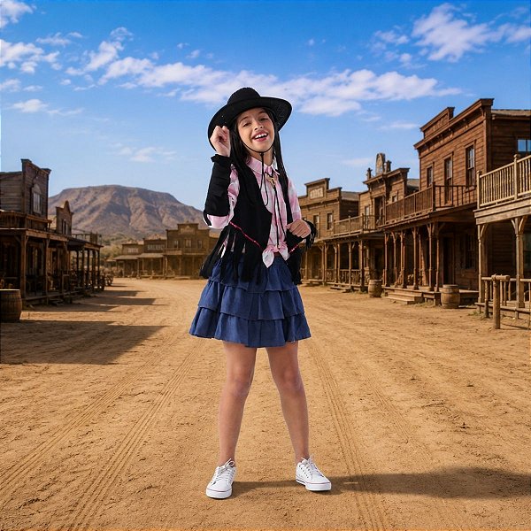 Colete Cowgirl PRETO Franjas + Adereço braço c/ franjas