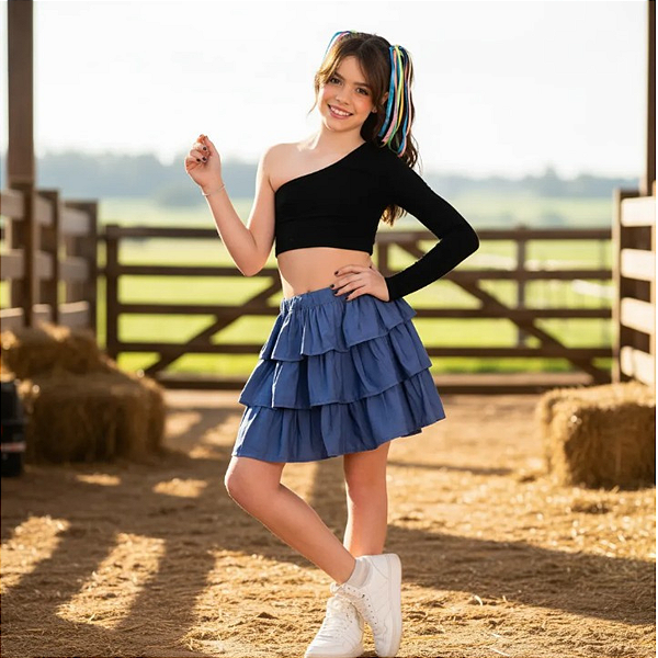 Saia Country Jeans Infantil Babados Festa Junina Cowgirl