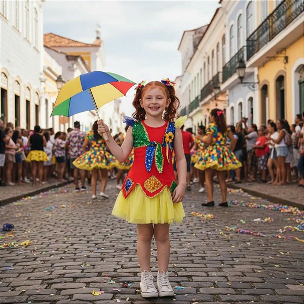 Roupa de Frevo Menina LUXO - Vestido + Saia + Guarda Chuva