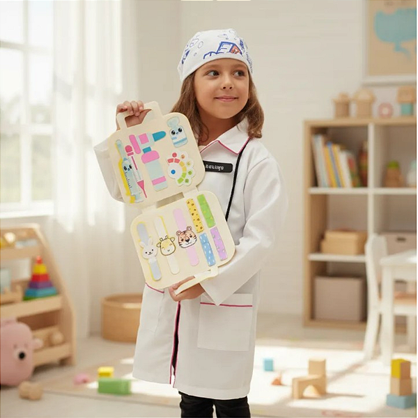Fantasia Médica Infantil Rosa Completa com Maleta e Touca